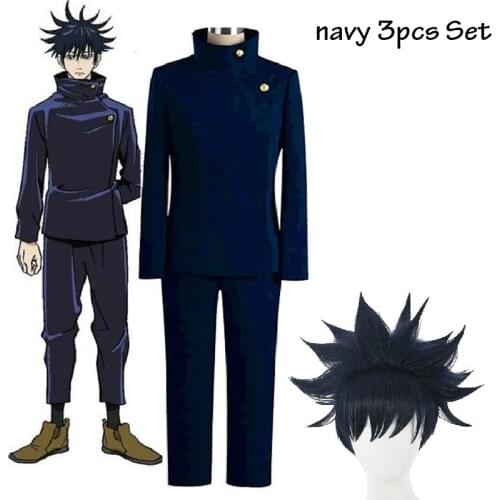 2021 NEW Anime Jujutsu Kaisen Megumi Fushiguro Cosplay Costume Blue Wig School Uniform Party Carnival Outfit For Men wig soes