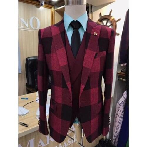 Large British Dark color Plaid suit mens slim trend wedding dress studio dress evening small suit Three piece