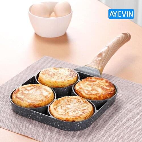 AYEVIN 4 Hole Omelet Pan for Burger Eggs Ham Pancake Maker Wooden Handle Frying Pot Non-stick Cooking Breakfast