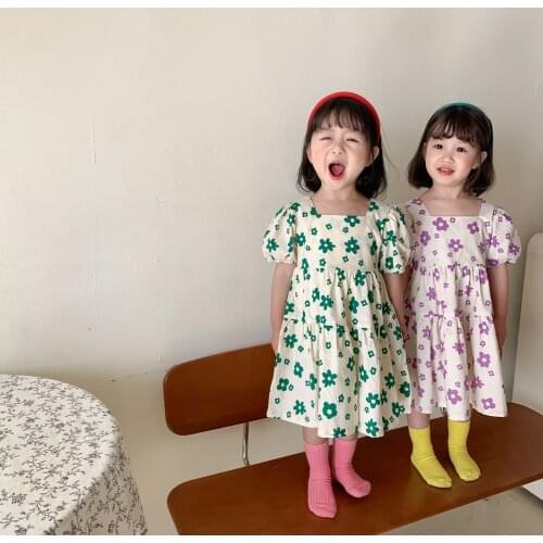 Summer Dress Print Floral Short Sleeve Cute Toddler Girls Dress Casual Rural 0-Neck Pretty Beach Children Dresses Green Purple