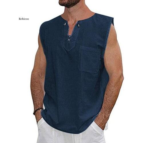 Fashion Summer Mens Cotton Linen t Shirt Sleeveless Linen Tops Casual Loose Tee Casual Breathable Soft
