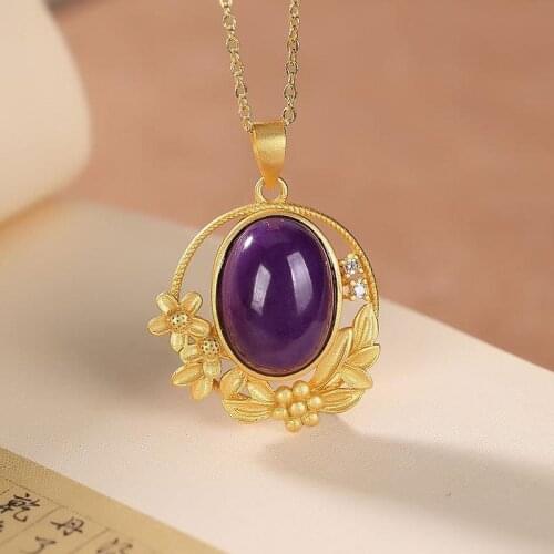 Original and new ancient gold craftsmanship inlaid oval flange porcelain necklace pendant fashion simple ladies silver jewelry