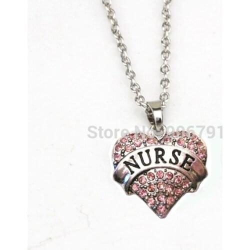 Hot Sale 50pcs a lot rhodium plated NURSE crystal heart pendant necklace(A1117)