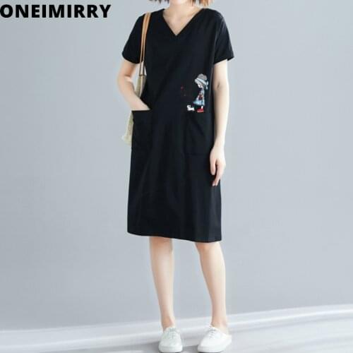Oneimirry Black Dresses Women Loose Clothing V-Neck Cartoon Printed Cute Short Sleeve Casual Long Dress Female Summer Vestidos