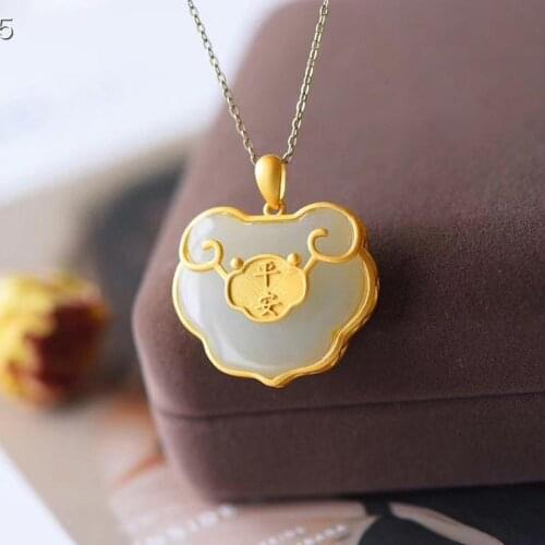 Natural Hetian White Jade Lock of Safeness and Luck Pendant S925 Sterling Silver Gold Plated Ancient Silver Craft Retro Classic