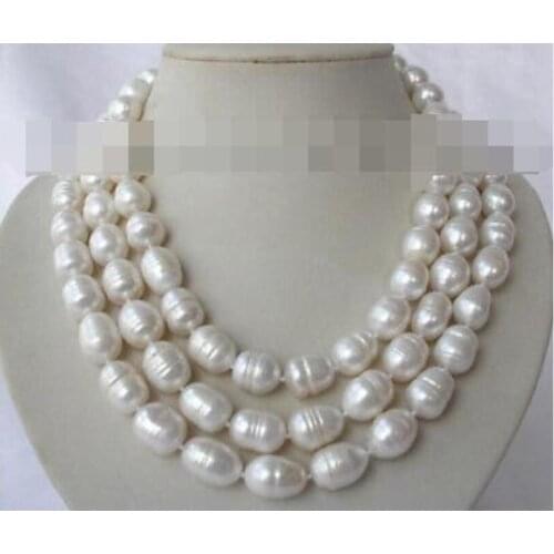 Stunning 3rows big 9-10mm baroque white freshwater cultured pearl necklace