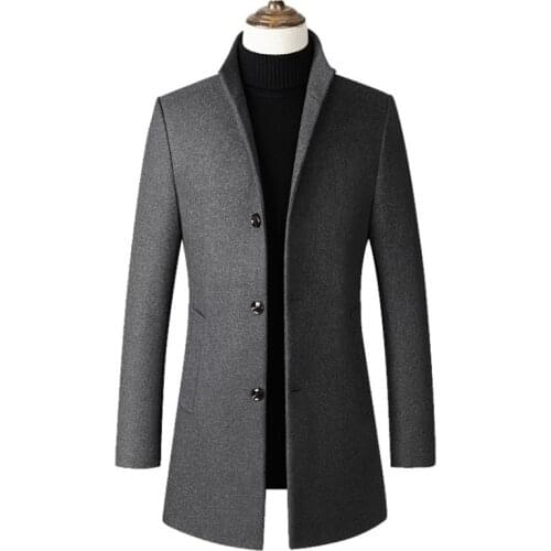 Dropshipping Woolen Overcoat Slim Fit Jacket Casual Trench Coat Men Grey Wool Coat Winter Male Wool Blend Jackets Big Size
