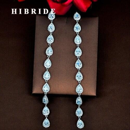 HIBRIDE Luxury Water Drop Clear Zirconia Long Drop Earring Brincos Jewelry Party Gifts Wholesale Price White Gold color E-823