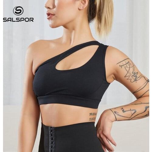 SALSPOR Womens Sexy One-shoulder Beauty back Push Up Bra Fitness Gym Running Shockproof Sports Bralette Crop Tops Female