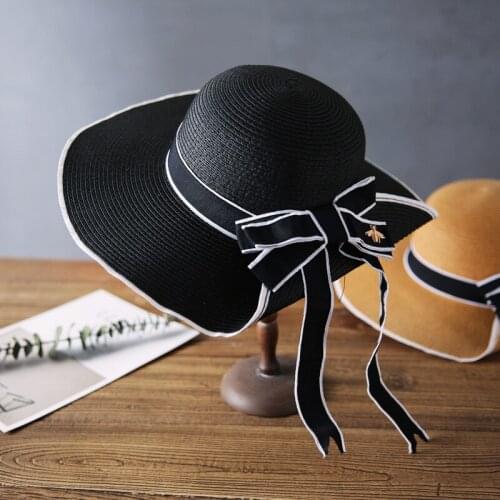 2020 Simple Summer Big Wide Brim Hat Female Casual Panama Hat Lady Women Flat Brim Bowknot Straw Cap Girls Sun Hat