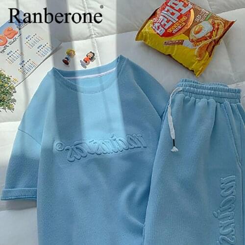 Ranberone Sport Wear Runing Women Workout Clothes Casual Gym Clothes Crop Top + Shorts Sets Summer 2 Piece Sport Set Letter Pink