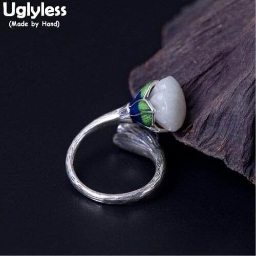 Uglyless 100% Real 925 Sterling Silver Flower Finger Rings for Women Natural Jade Lotus Open Rings Enamel Ethnic Fine Jewelry