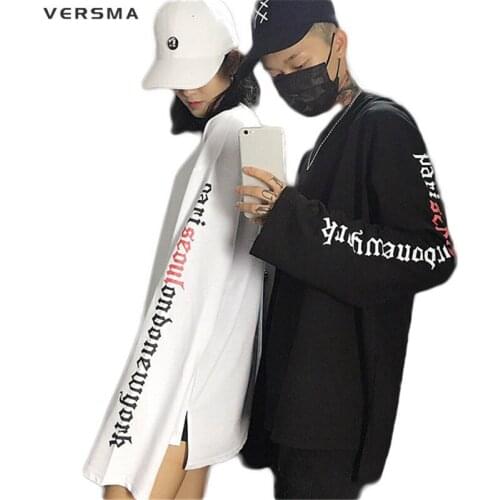 VERSMA 2017 Autumn Korean Ulzzang Arm Letters Printed T-shirts Men Women Harajuku BF Hip Hop Loose Extra Long Sleeve T Shirt Men