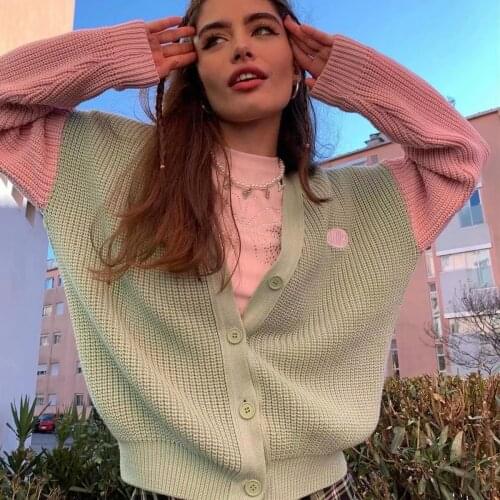 2021 New Ladies Autumn New College Style Stitching Loose Knit Cardigan Jacket Simple And Stylish