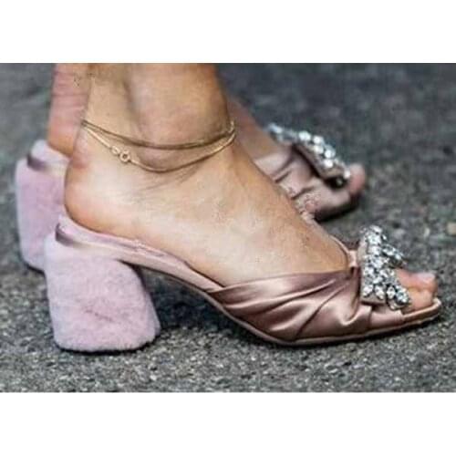 Summer Pink Silk Wool Fur Cube Heel Slipper Women Med Chunky Heels Open Toe Bling Rhinestone Sandal Woman Slingback Heels Shoes