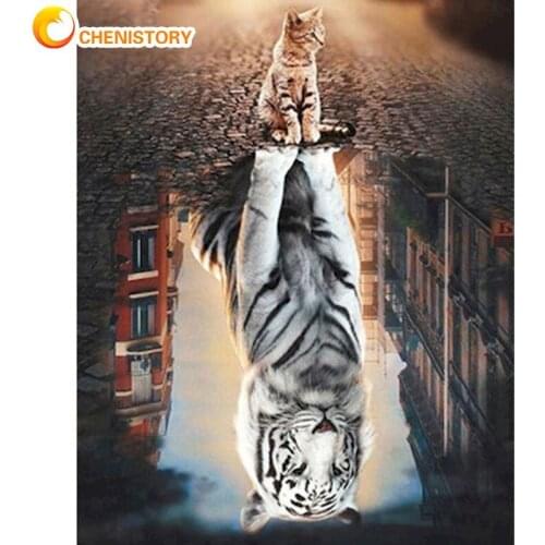 CHENISTORY Oil Painting By Numbers Cat And Tiger Animal Paint Kits For Adults HandPainted Framed On Canvas Home Decor Wall Photo