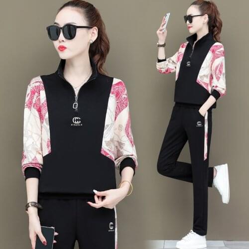 Spring Autumn Jacket Two Piece Sets Thin Stand Collar Long Sleeved Stitching Printed Casual Trousers Suit Plus Size Womens