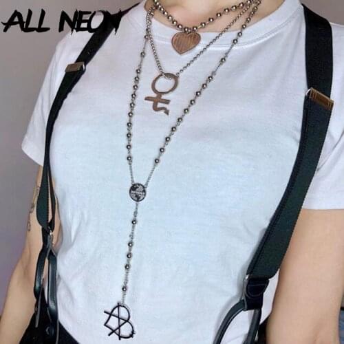 ALLNeon Punk Style Stainless Steel Long Necklaces Y2K Aesthetic Heart Suspension Beads E girls Accesories Fashion Necklace 2021