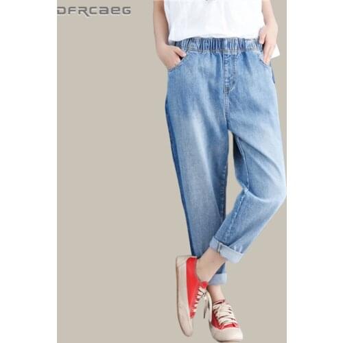 Light Blue Loose Summer Jeans Women 2019 Fashion Big Size Elastic Waist Denim Pants Casual Patchwork Washed Pants Jeans Femme