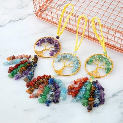 Crystal Decor Tree Of Life Car Hanging Accessories 7 Chakras Stones Wall Decor Meditation Ornaments Good Luck Home Decoration