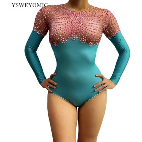 Dance Costume Rhythmic Gymnastics Acrobatic Rhinestones Skinny Long Sleeve Bodysuit Bar Nightclub Dance Stage Performance Wear