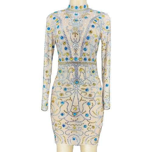 Multicolor Rhinestones Dresses Perspective Mesh Gauze Dress Above Knee Ladies Nightclub Performance Party Shiny Costume