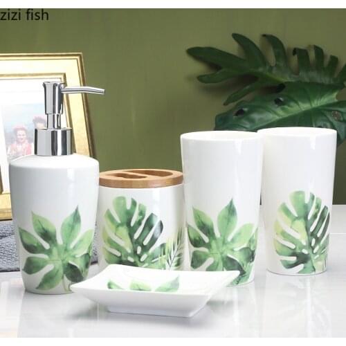 Nordic Bathroom Wash Five-piece Set Lotion Bottle Toothbrush Cup Soap Dish Toothbrush Holder Home Green Leaf Bathroom Supplies