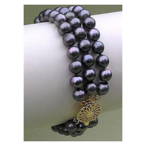 NEW 3 rows natural breeding freshwater black pearl bracelet 7- 8 mm, 7.5"