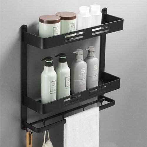 Black Bathroom Shelf Shower Caddy Wall Mounted Kitchen Bath Rack with Bar Hook Space Aluminum Shelves Organizer Storage etagere