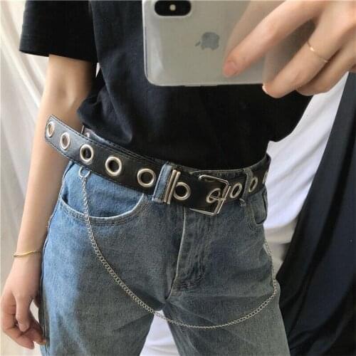 HATCYGGO Fashion Hip-hop Women Men Leather Belts Waist Chain Female Punk Belt Silver Pin Buckle Metal Waistband Women For Jeans