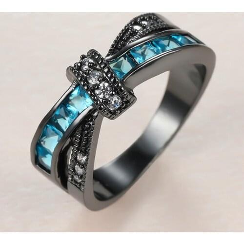 Luxury Female Blue Crystal Stone Rings Charm 14KT Black Gold Wedding Rings For Women Cute Bride Bow Zircon Engagement Ring