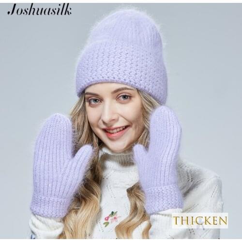 JOSHUASILK New style Angora Wool Warm hat Hat and gloves 8 color options Popular knitting Ladies and kids choice