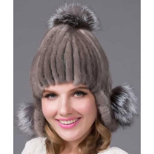 JKP Womens Bomber Hats Real Mink Fur Hat Fox Fluff Ball Winter Fall Protection Cap Hat Knit Natural Fur Cap Bomber Hat DHY-23