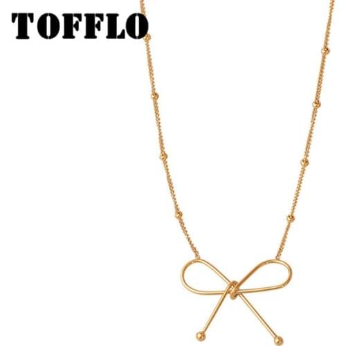TOFFLO Stainless Steel Jewelry Bow Simple Style Necklace Small Gold Bead Chain Womens Sweet Clavicle Chain BSP549