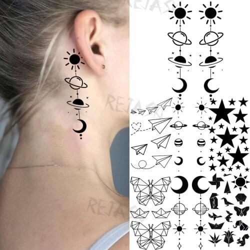 Sun Planet Moon Temporary Tattoos For Women Girl Star Doodle Butterfly Airplane Realistic Fake Tattoo Ears Fashionwashable Tatoo
