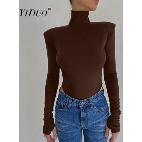 YiDuo 2021 Long Sleeve Shoulder Padded Backless Sexy Bodysuit Women Fashion Turtleneck Skinny Party Club Bodysuits Jumpsuit