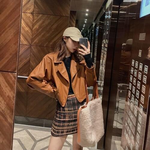 Women Caramel Color Faux PU Leather Jacket Spring Autumn Korean Loose Motorcycle Biker Coat Female Casual Streetwear Veste Femme