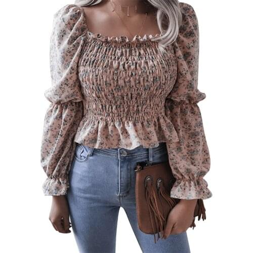 Fanco 2020 Spring and Autumn Square Neck Blouse Flared Long Sleeve Ruffled Women Shirt Print Floral Chiffon Sexy Vintage Blusas