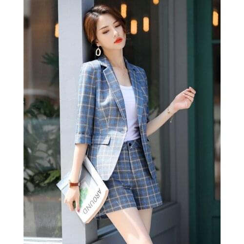 Women Business Suits Ladies Work Wear Blazer and Jacket Sets Blue Plaid Office Uniform Styles