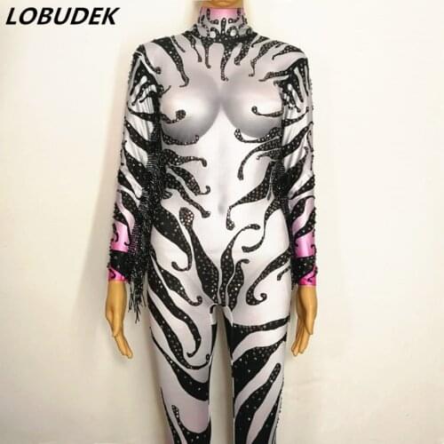 Zebra Pattern Print Crystals Tassels Jumpsuit Female Bar Stage Wear Nightclub Pole Dancing Performance Clothes Acrobatic Costume
