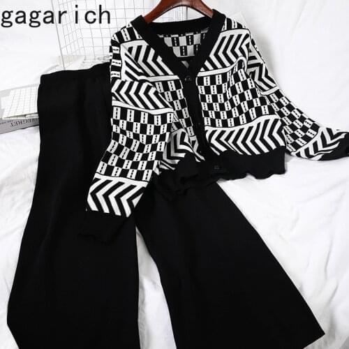 Gagarich Women Knit Suit Spring Autumn Ins Temperament V-neck Printed Sweater Straight Slim Wide Leg Pants Two Piece Set Fashion