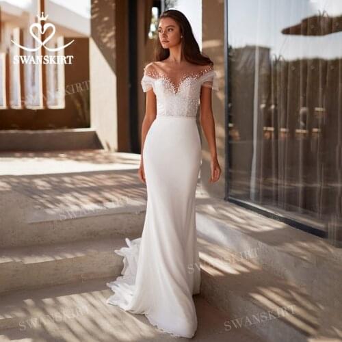 Sweetheart Pearls Wedding Dress 2021 Sleeveless Crystal Belt Satin Mermaid Princess Vestido De Novia SwanSarah M107 Bridal Gown