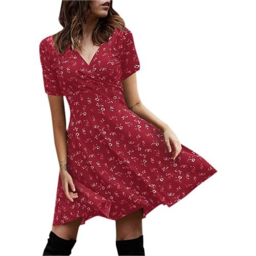 Elegant floral print flowy dress Summer short sleeve femme casual v neck mini short dress Vintage night party vestidos 2021