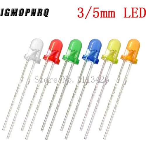 100pcs 3mm 5mm LED Diode 3 / 5 mm Assorted Kit White Green Red Blue Yellow Orange DIY Light Emitting Diode electronic diy kit