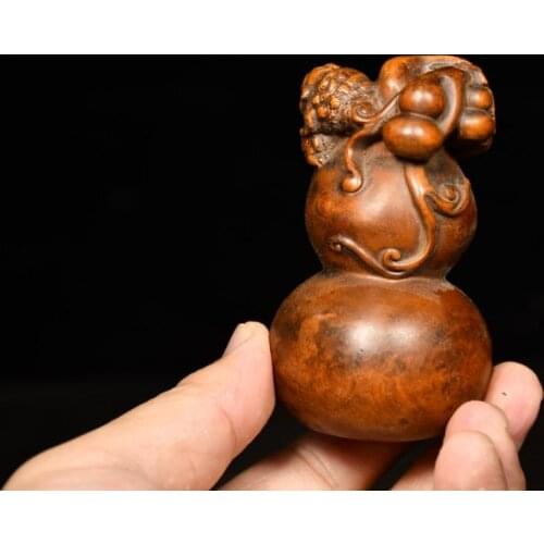 3" China Collection Old Boxwood Gourd Golden Toad Statue Carving frog climbing gourd vine wood carving Jin Chan is wealthy