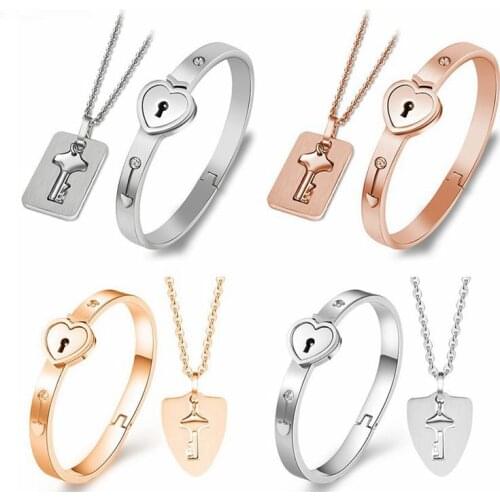Lovers Stainless Steel Love Heart Lock Bracelets Bangles Key Pendant Necklace Couples Set Accessories