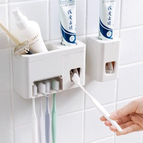 Toothbrush Holder In Bathroom Adhesive Toothpaste Holder Wall Hanging Automatic Toothpaste Extruder Toothbrush Holder