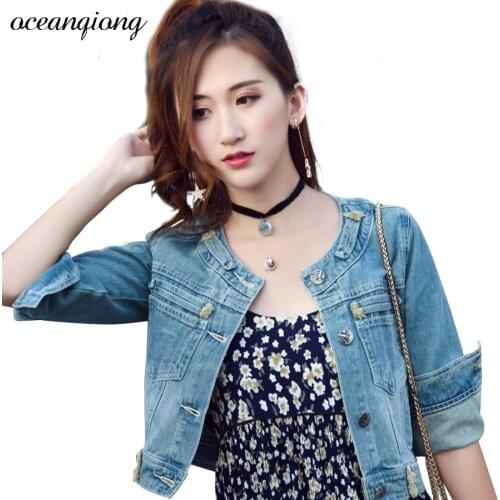 Denim Jacket Women Winter Mujer Streetwear Vintage Cropped Short Jacket Three Quarter Sleeve Jeans Jackets Woman Cardigan Coat