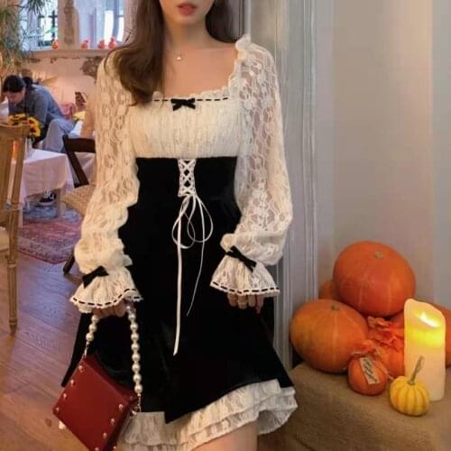 HOUZHOU Elegant Dress Women Lace Patchwork Vintage Long Sleeve Dresses Bandage Fairy Robe Kawaii Sweet Outfits Spring Autumn
