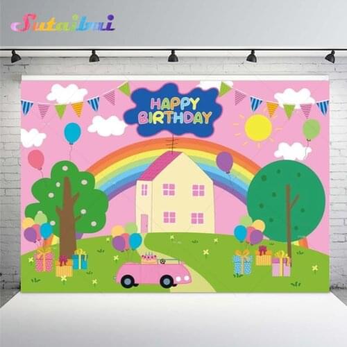 Cartoon Pig House Pink Girl Birthday Party Photography Background Rainbow Trees Car Gifts Balloons Decor Photo Backdrop Banner